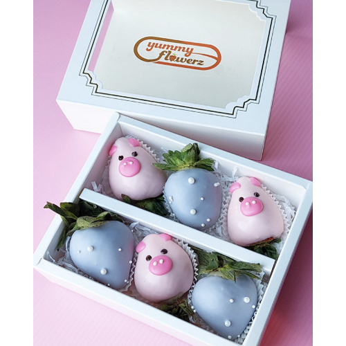 6pcs Pastel Purple & Pink Piggy Chocolate Strawberries Gift Box